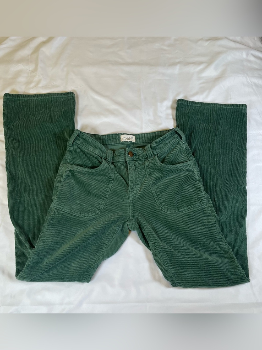 Pilcro Anthropologie Green Corduroy Flare Jeans High Rise Utility Boho Pants